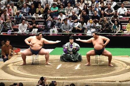 　下段で構える大の里（左）と豊昇龍（撮影・佐藤厚）