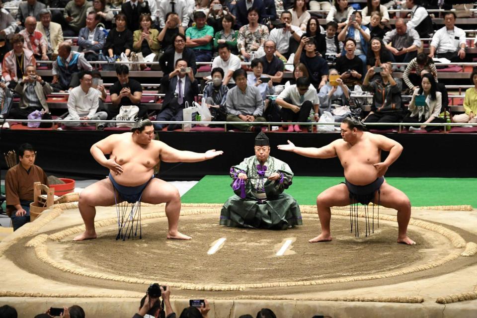 　下段で構える大の里（左）と豊昇龍（撮影・佐藤厚）