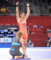 　東京五輪の決勝でガッツポーズを決める金城梨沙子（当時は旧姓の川井）＝２１年８月