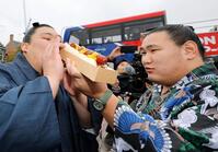 ロンドン市内を観光し、購入したホットドッグを大の里（左）に食べさせる豊昇龍（共同）
