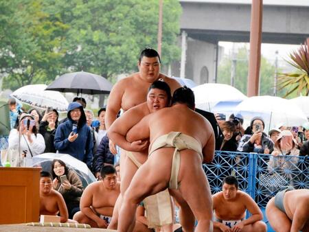 　関取同士で稽古を行う伯桜鵬