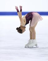 　女子フリーの演技を終え、喜ぶ坂本花織（撮影・中田匡峻）