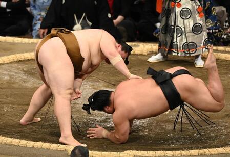 　王鵬（左）が肩透かしで若元春を破る