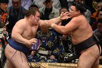 　安青錦（左）が積極的に攻め、送り出しで霧島を破る