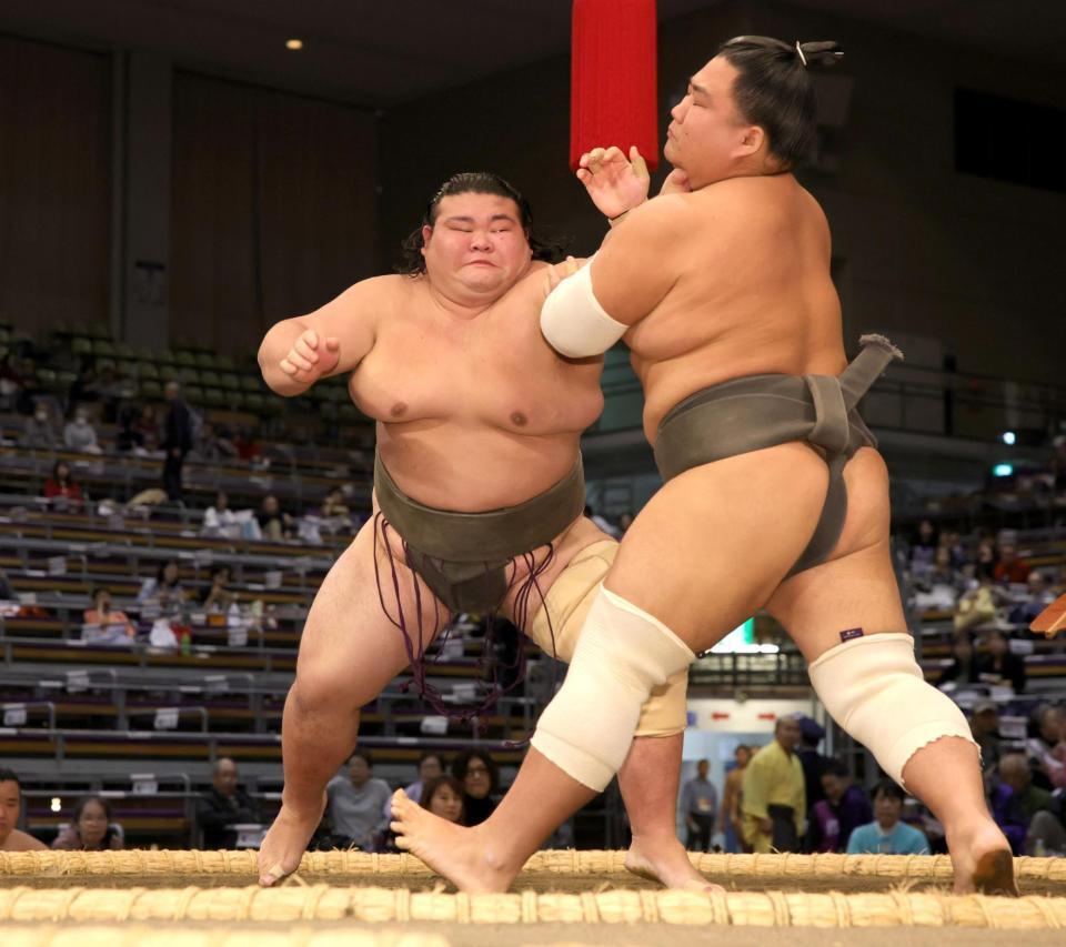 　美（右）を激しく攻める岡田（撮影・坂部計介）