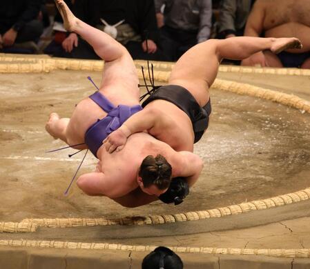 　伯桜鵬（右）と土俵外に倒れ込む安青錦（撮影・坂部計介）