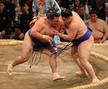 　欧勝馬を一気に土俵際に追い込む玉鷲（撮影・坂部計介）