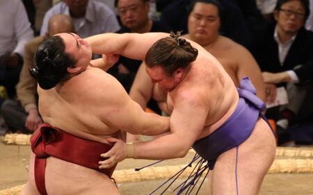 　隆の勝を激しく攻める安青錦（撮影・坂部計介）