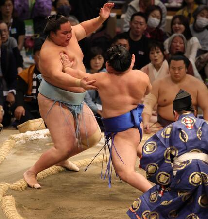 　突き出しで琴勝峰を破った藤ノ川（撮影・坂部計介）