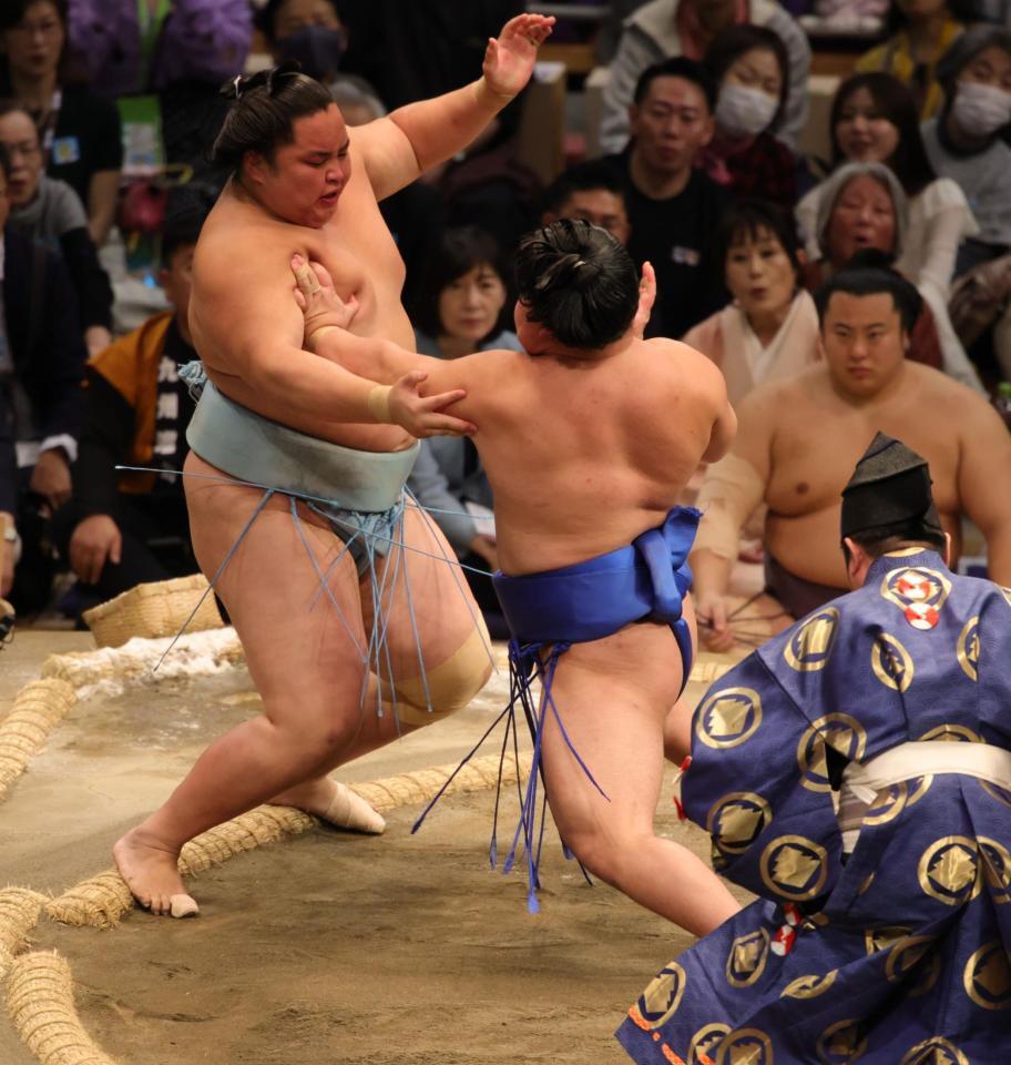 　突き出しで琴勝峰を破った藤ノ川（撮影・坂部計介）