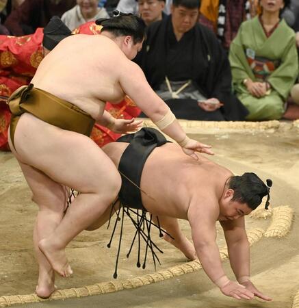 　王鵬（左）がはたき込みで伯桜鵬を下す