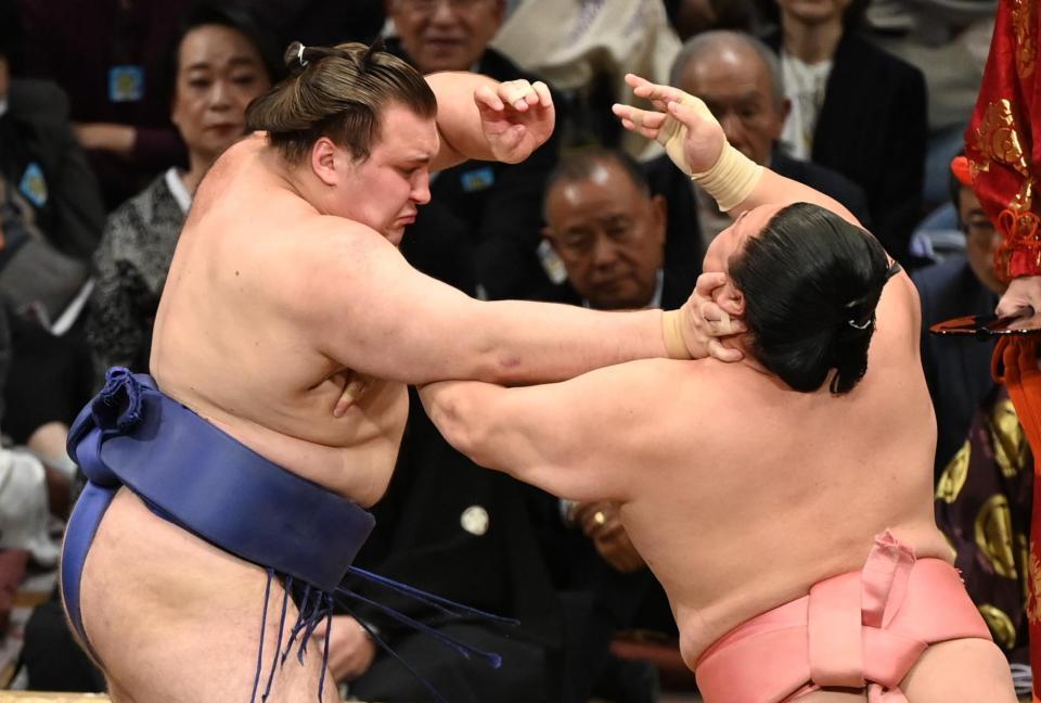 　安青錦（左）が厳しく攻め、寄り切りで宇良を下す