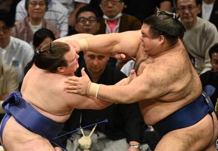 　安青錦（左）が厳しく攻め寄り切りで高安を下す
