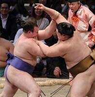 　王鵬（右）と競り合う安青錦