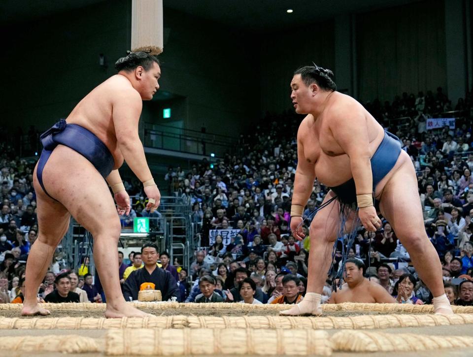 　豊昇龍（左）と見合う玉鷲