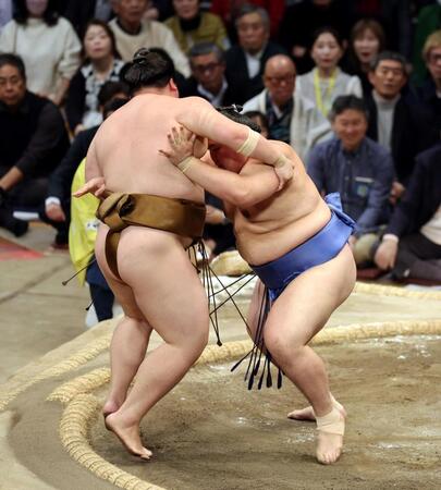 　大の里（右）は寄り切りで王鵬を下す（撮影・山口登）
