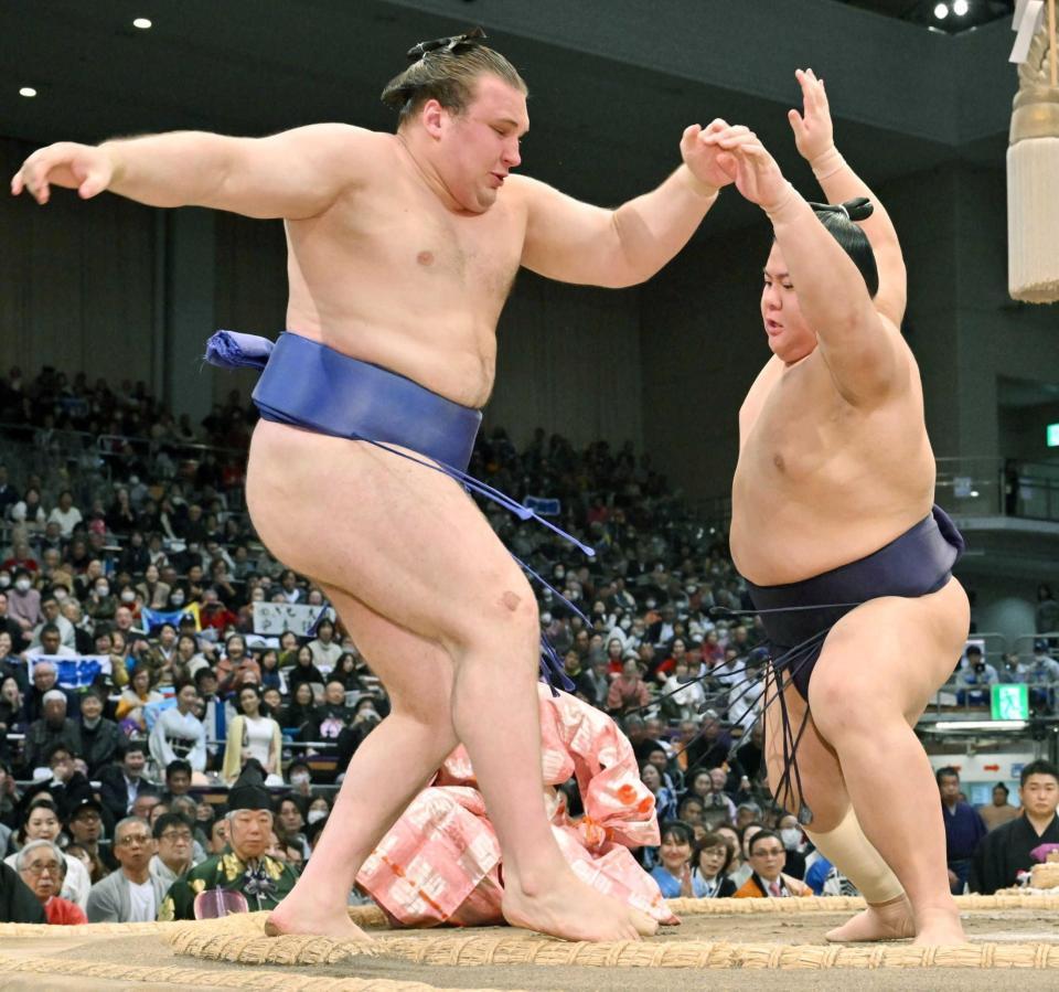 　突き出しで安青錦（左）を破る義ノ富士