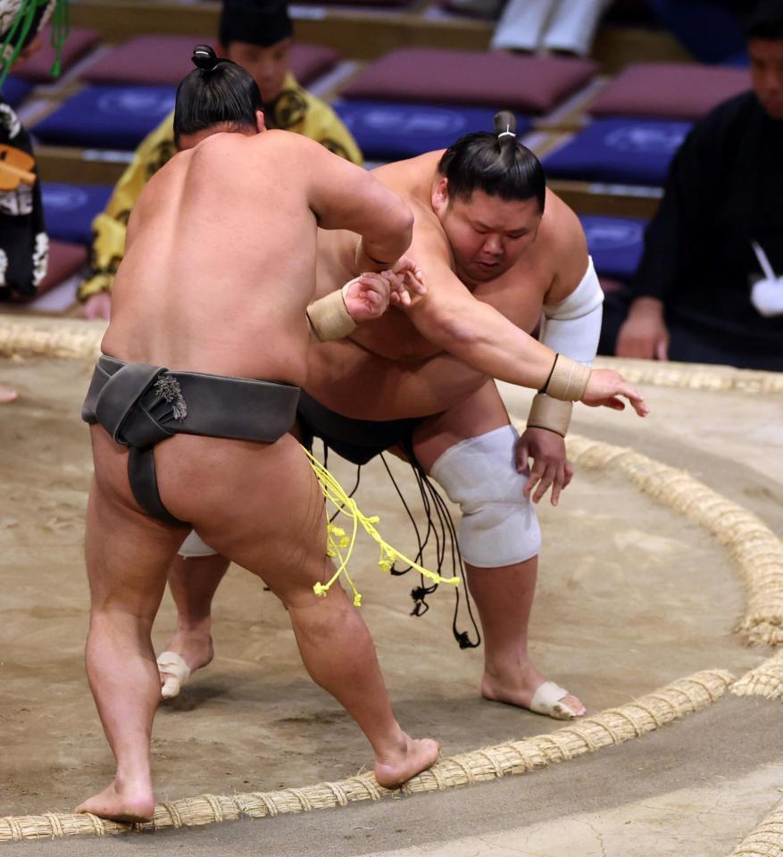 　天空海（右）は勇磨を押し出しで破る（撮影・山口登）