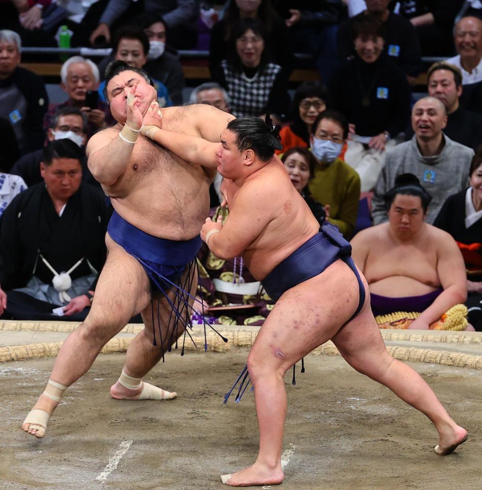 　高安（左）を攻める豊昇龍。押し出しで下す