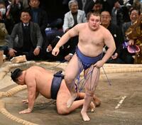 　優勝決定戦で安青錦（右）は送り投げで豊昇龍（左）を破る