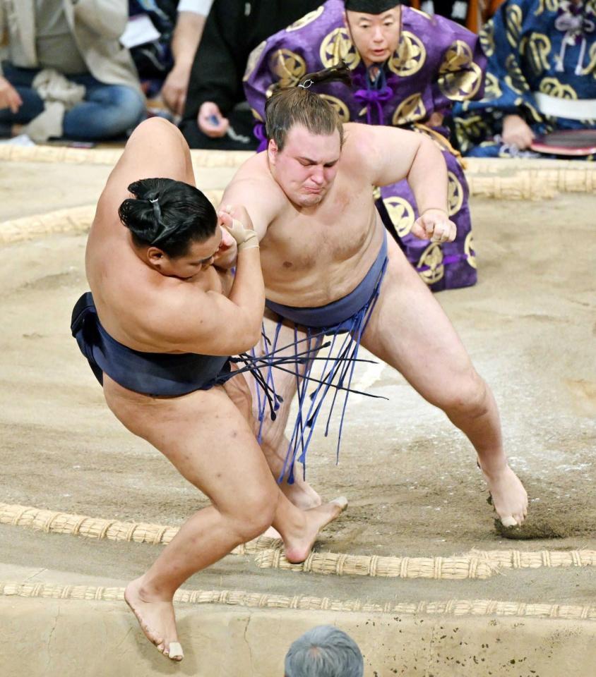 　押し出しで豊昇龍（左）を破る安青錦