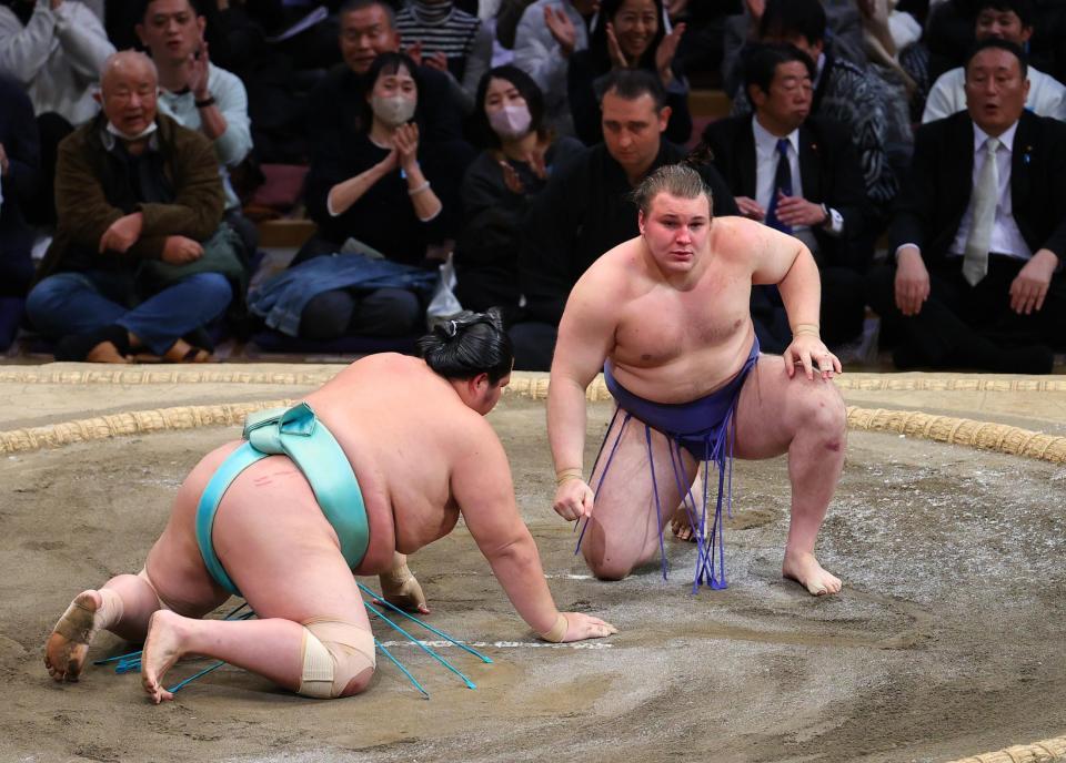 　琴桜（左）を内無双で破った安青錦