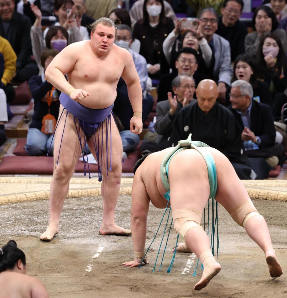 　安青錦（左）は内無双で琴桜を破る