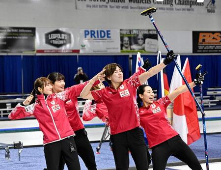 　女子プレーオフでノルウェーを破って五輪出場権を獲得し、ポーズをとる（左から）小林、小谷、吉村、小野寺、近江谷（共同）