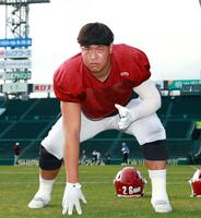 　活躍を誓い気合を見せる立命大のＯＬ・加藤大登（撮影・立川洋一郎）