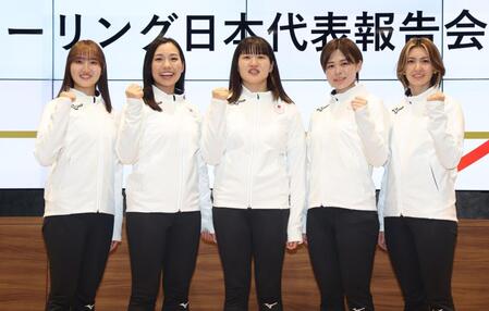 　笑顔で五輪出場を報告するフォルティウス（左から）小林未奈、近江谷杏菜、小谷優奈、小野寺佳歩、吉村紗也香（撮影・金田祐二）