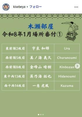 　木瀬部屋公式インスタグラム（＠ｋｉｓｅｂｅｙａ）から
