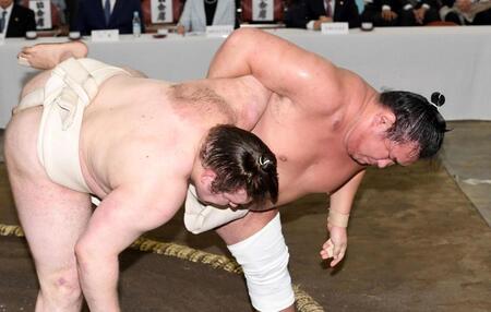 　安青錦（左）に投げを打つ豊昇龍（撮影・佐藤厚）