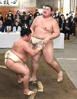 　平戸海（左）に押し出される大の里（撮影・佐藤厚）