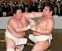 　豊昇龍（右）と稽古する琴桜（撮影・佐藤厚）