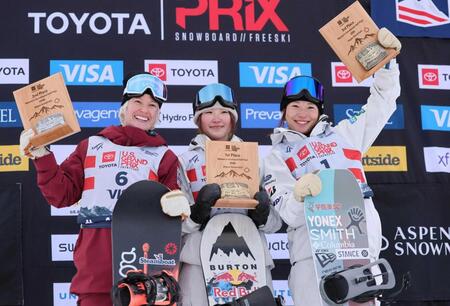 　表彰台で喜ぶ小野光希（中央）と３位の冨田せな（右）（ゲッティ＝共同）