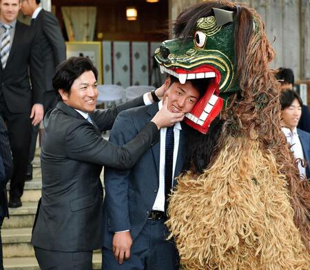 　岡本和（右）を身代わりとして獅子舞の口に押し込める高橋監督（左）＝２０１６年