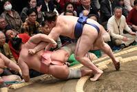 宇良（左）を寄り倒しで下し、初日を白星で飾った安青錦（撮影・佐藤厚）