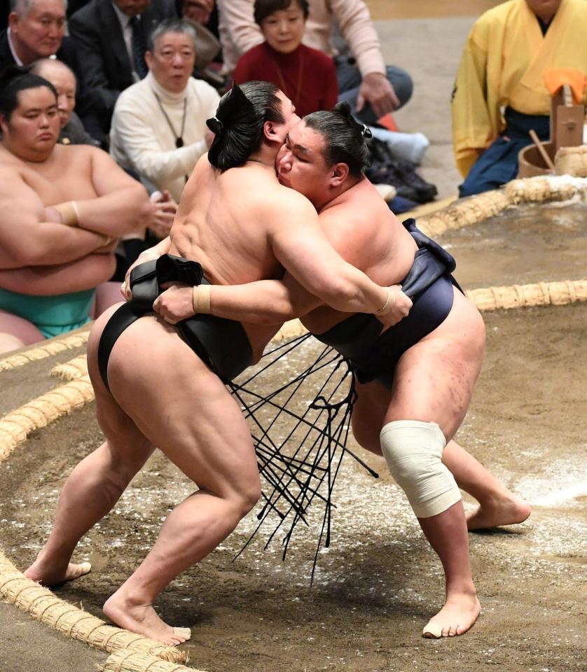 若元春（左）を寄り倒しで下した豊昇龍（撮影・佐藤厚）