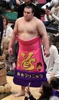 　高須クリニックの化粧まわしをつけ土俵入りする安青錦（撮影・佐藤厚）