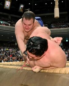 　宇良を寄り倒しで下す安青錦（撮影・持木克友）