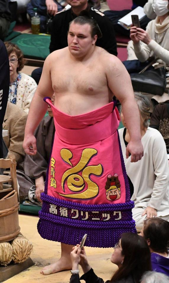 　高須クリニックの化粧まわしをつけ土俵入りする安青錦（撮影・佐藤厚）