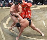 霧島（左）が突き落としで伯乃富士を下す