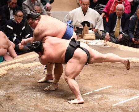 伯乃富士を逆とったりで破った高安（撮影・園田高夫）