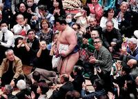 大金星の義ノ富士（中央）がファンの祝福を受ける＝１３日