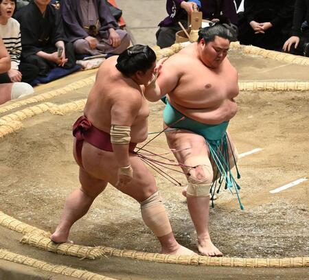 大栄翔（左）を突き出しで下す琴桜（撮影・持木克友）