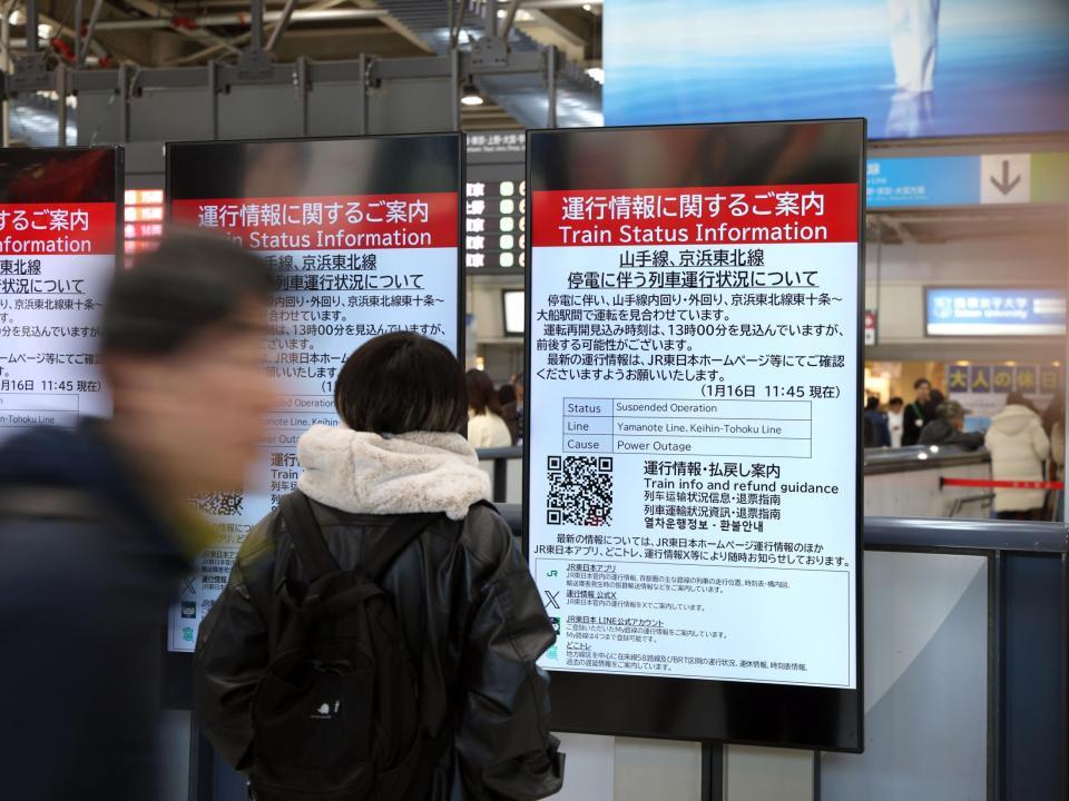 　運航状況を伝える案内を見つめる人（撮影・伊藤笙子）