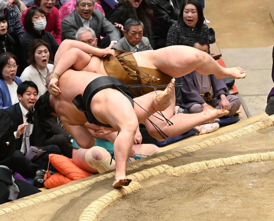 王鵬（奥）を打っちゃりで破った若元春（撮影・持木克友）