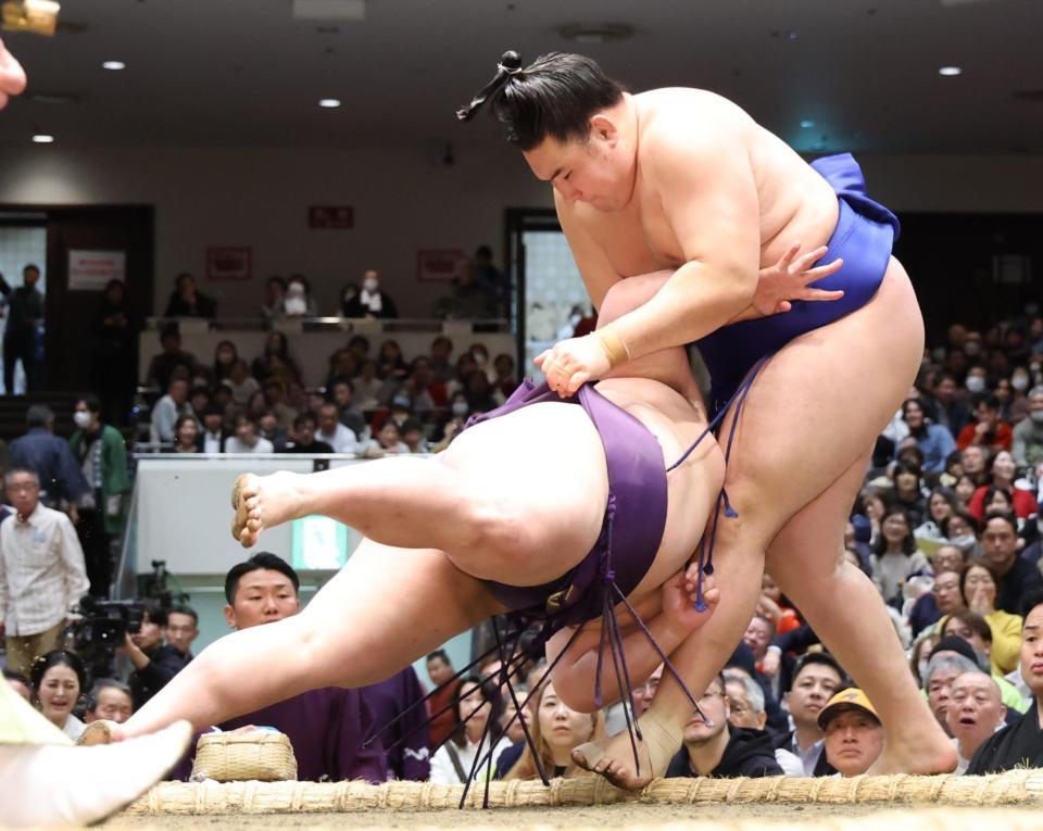 美ノ海（左）が押し出しで欧勝馬を下す