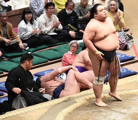 藤凌駕（右）に押し出され土俵下に転落した栃大海（中央）＝撮影・園田高夫