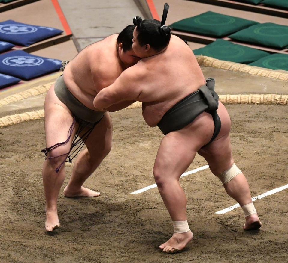 寄り切りで玄武丸（右）を破った朝阪神（撮影・佐藤厚）